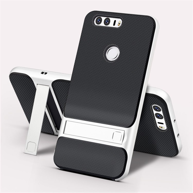 For Huawei Honor 8 ELEGANCE Grid Pattern TPU + PC Hybrid Case with Kickstand - White-1