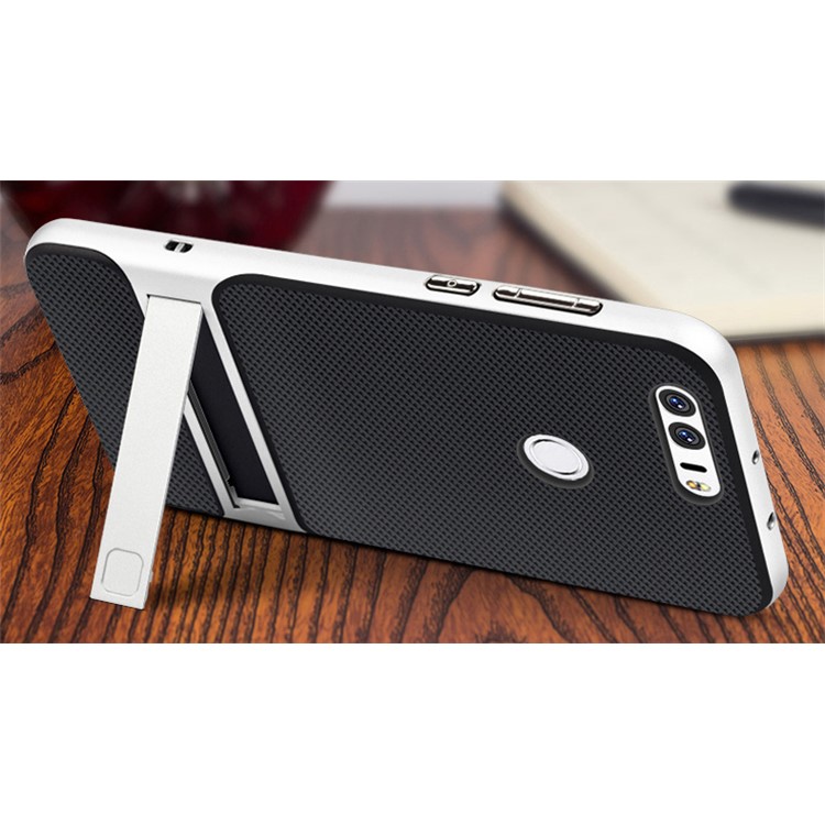 For Huawei Honor 8 ELEGANCE Grid Pattern TPU + PC Hybrid Case with Kickstand - White-2