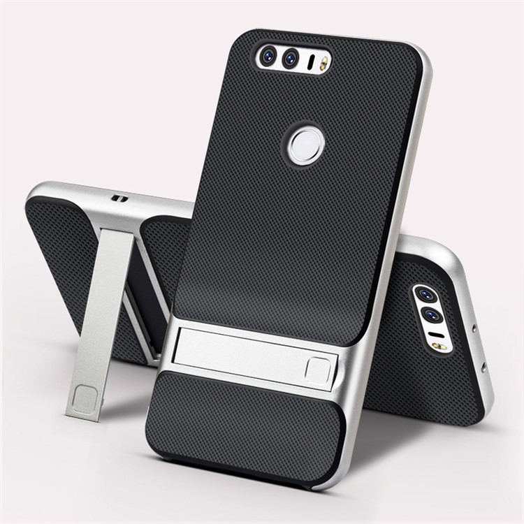 For Huawei Honor 8 ELEGANCE Grid Pattern TPU + PC Hybrid Cover with Kickstand - Silver-1