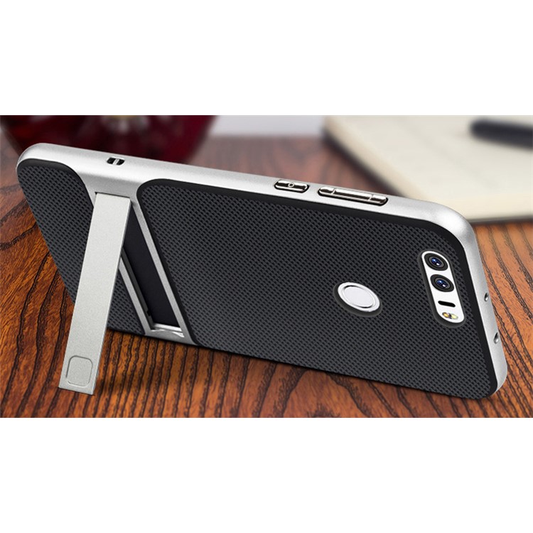 For Huawei Honor 8 ELEGANCE Grid Pattern TPU + PC Hybrid Cover with Kickstand - Silver-2