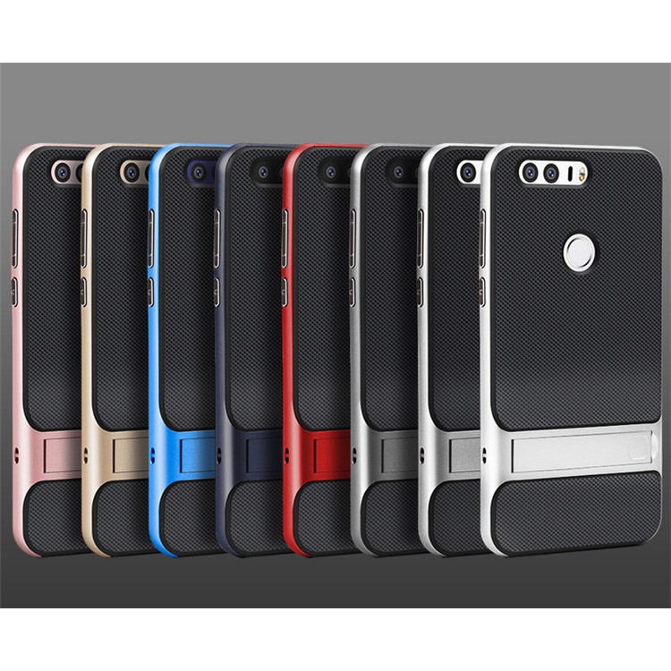 For Huawei Honor 8 ELEGANCE Grid Pattern TPU + PC Hybrid Cover with Kickstand - Silver-4