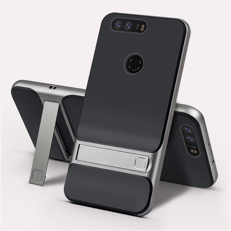 For Huawei Honor 8 ELEGANCE Grid Pattern TPU + PC Hybrid Shell with Kickstand - Grey-1