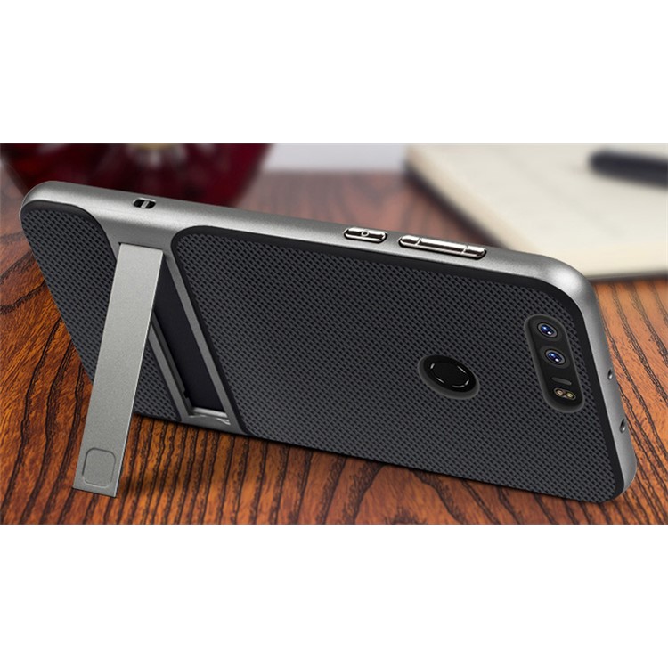 For Huawei Honor 8 ELEGANCE Grid Pattern TPU + PC Hybrid Shell with Kickstand - Grey-2