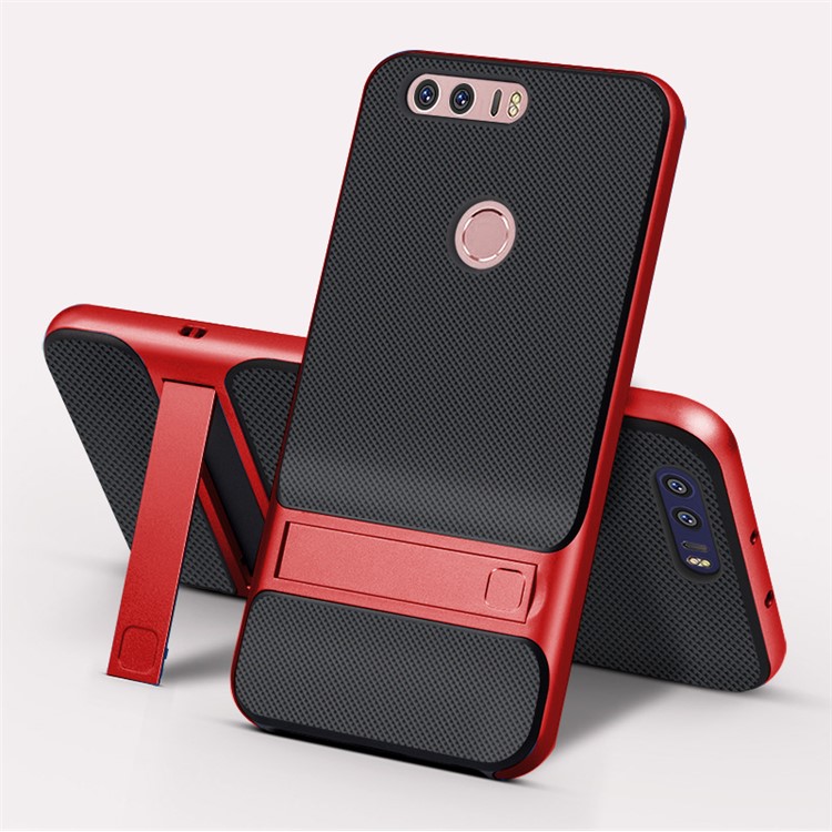 For Huawei Honor 8 ELEGANCE Grid Pattern TPU + PC Kickstand Combo Phone Case - Red-1