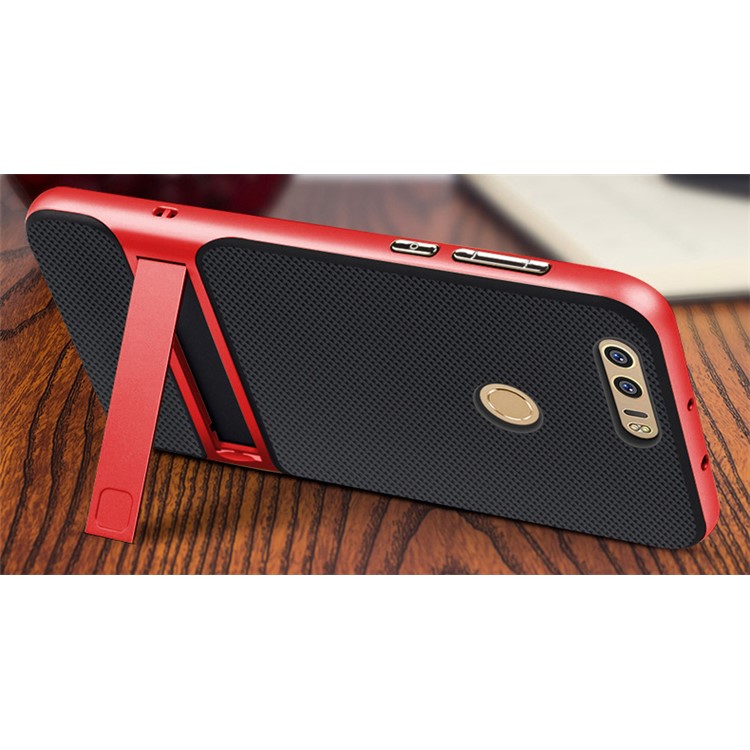 For Huawei Honor 8 ELEGANCE Grid Pattern TPU + PC Kickstand Combo Phone Case - Red-2