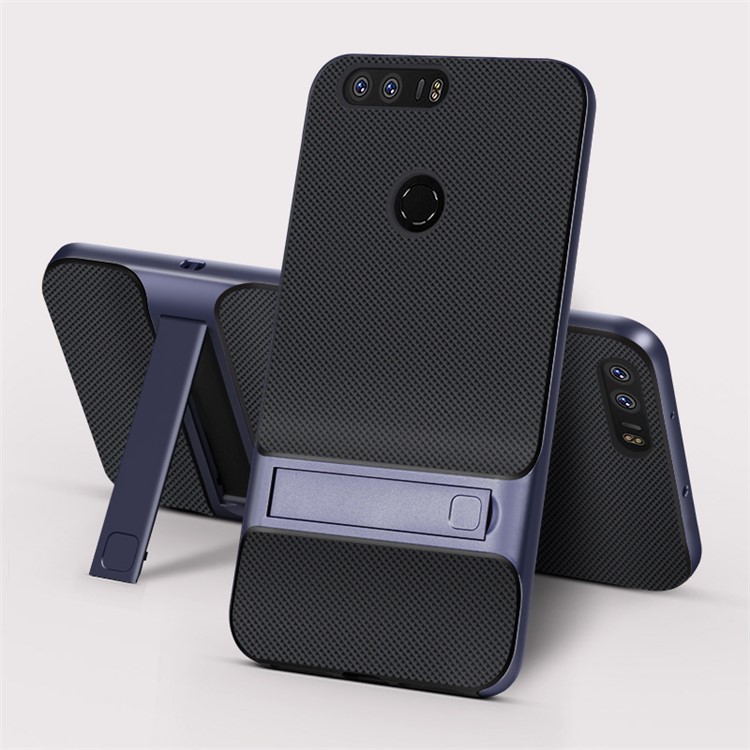 For Huawei Honor 8 ELEGANCE Grid Pattern TPU + PC Kickstand Protection Phone Casing - Dark Blue-1