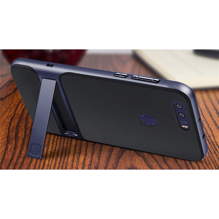 For Huawei Honor 8 ELEGANCE Grid Pattern TPU + PC Kickstand Protection Phone Casing - Dark Blue-2