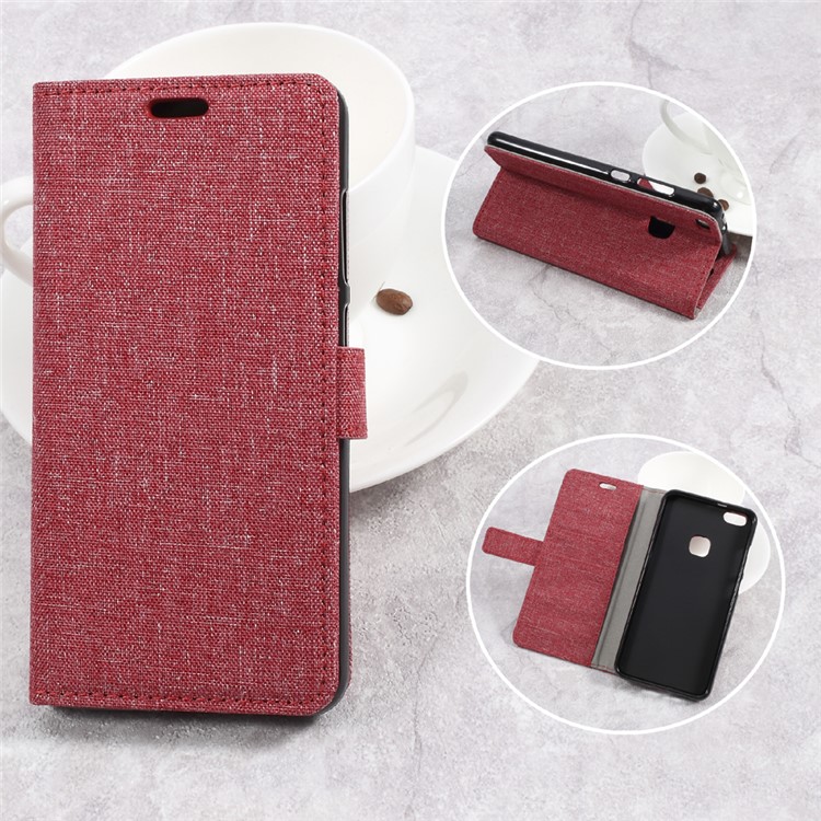 Linen Cloth PU Leather Wallet Case Cover for Huawei P10 Lite - Red-1