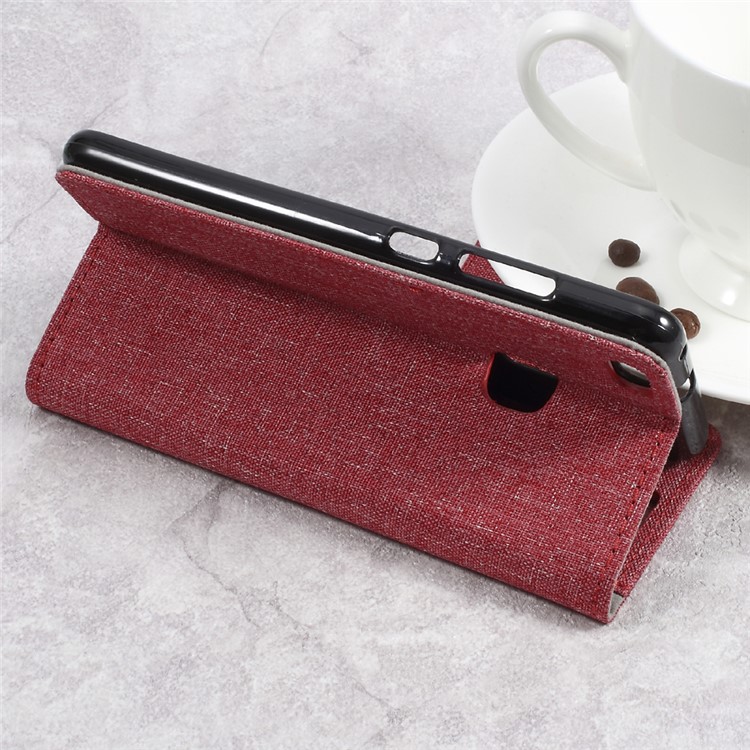 Linen Cloth PU Leather Wallet Case Cover for Huawei P10 Lite - Red-5