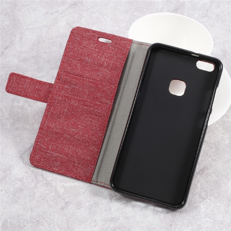 Linen Cloth PU Leather Wallet Case Cover for Huawei P10 Lite - Red-6