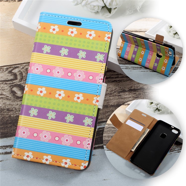 For Huawei P10 Lite Patterned Leather Wallet Protection Case with Stand - Colored Stripes Flowers-1