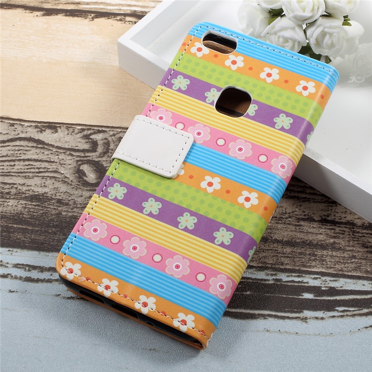 For Huawei P10 Lite Patterned Leather Wallet Protection Case with Stand - Colored Stripes Flowers-2