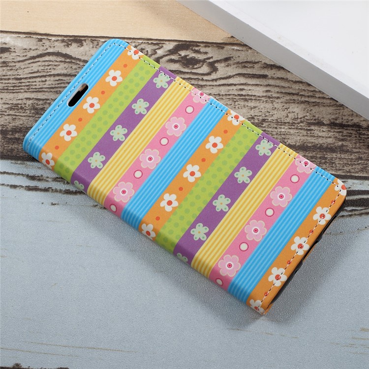For Huawei P10 Lite Patterned Leather Wallet Protection Case with Stand - Colored Stripes Flowers-3