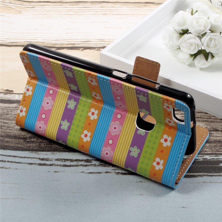 For Huawei P10 Lite Patterned Leather Wallet Protection Case with Stand - Colored Stripes Flowers-4