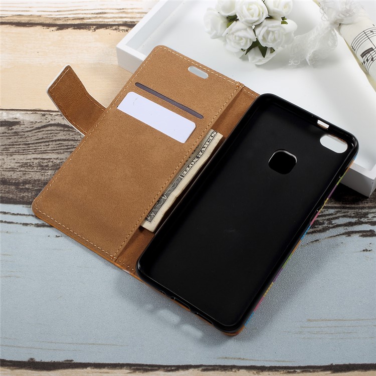 For Huawei P10 Lite Patterned Leather Wallet Protection Case with Stand - Colored Stripes Flowers-5