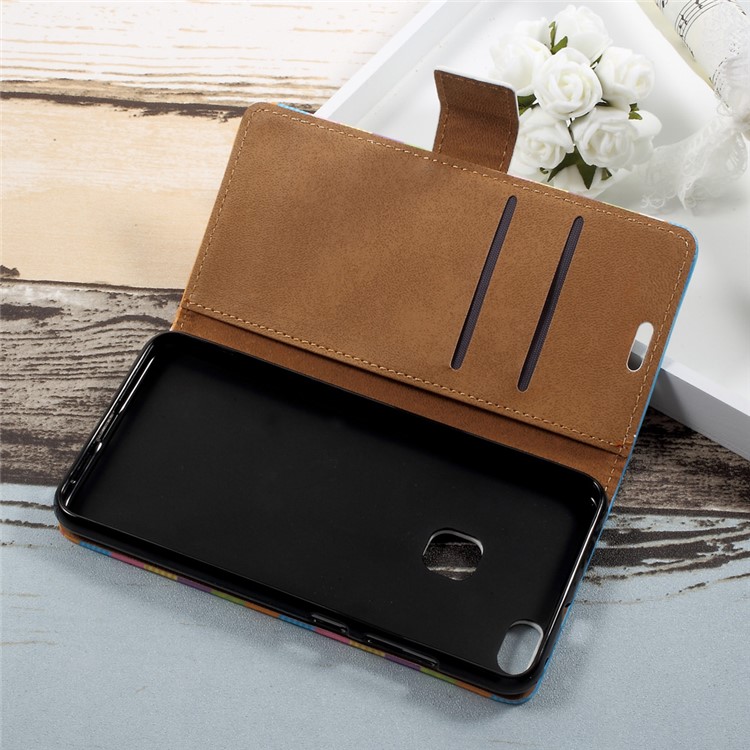 For Huawei P10 Lite Patterned Leather Wallet Protection Case with Stand - Colored Stripes Flowers-6