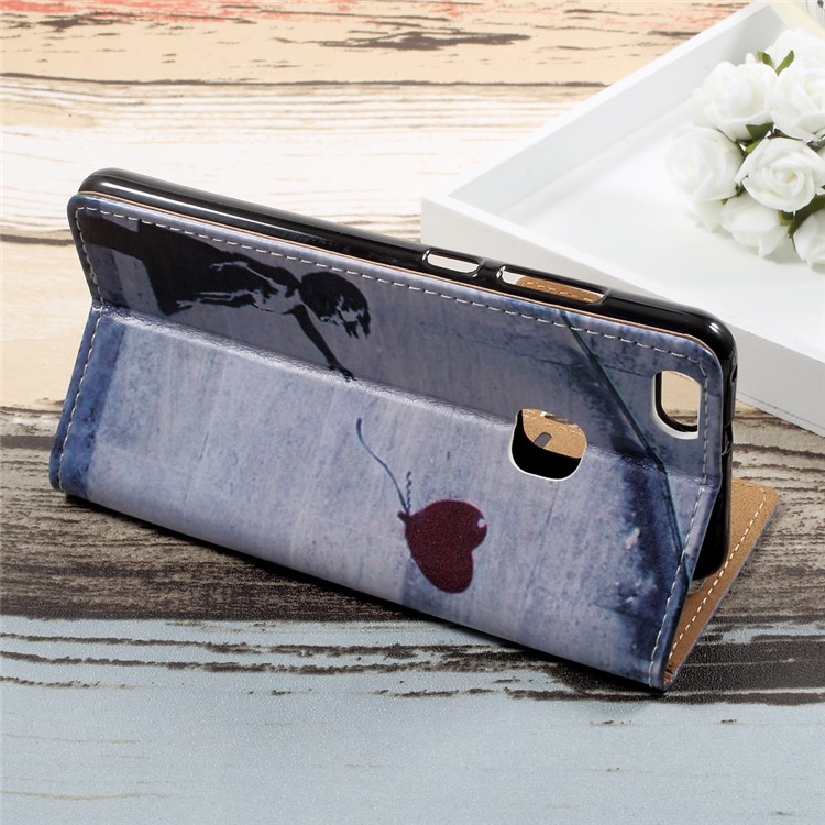 Patterned Leather Mobile Cover with Stand for Huawei P10 Lite - Retro Style Girl Releasing Balloon-4