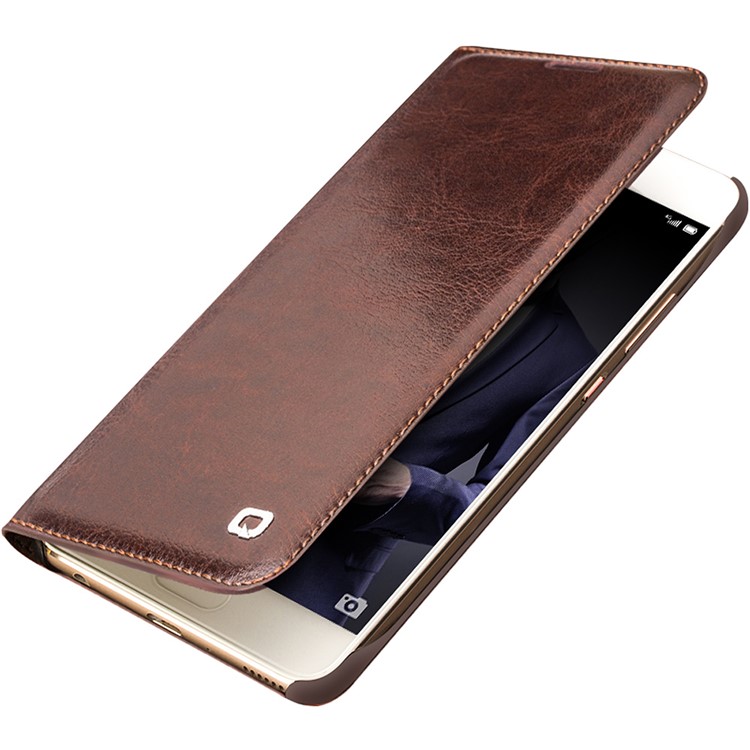 QIALINO Classic Thin Genuine Cowhide Leather Flip Casing for Huawei P10 - Brown-1