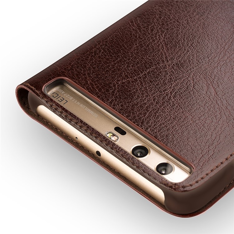 QIALINO Classic Thin Genuine Cowhide Leather Flip Casing for Huawei P10 - Brown-3