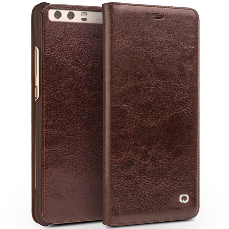 QIALINO Classic Thin Genuine Cowhide Leather Flip Casing for Huawei P10 - Brown-5