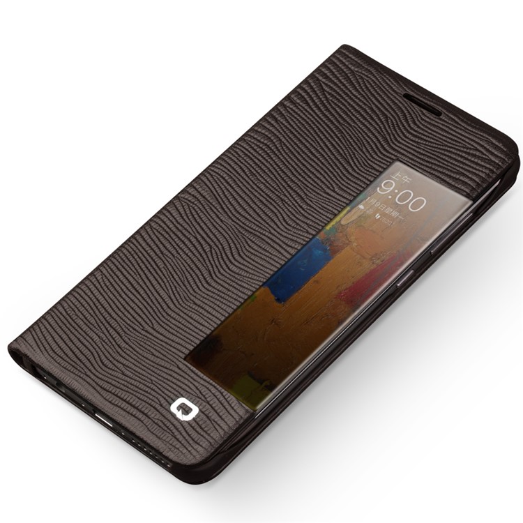 For Huawei Mate 9 Pro QIALINO Business Smart View Window Lizard Texture Cowhide Leather Cell Phone Cover - Brown-2