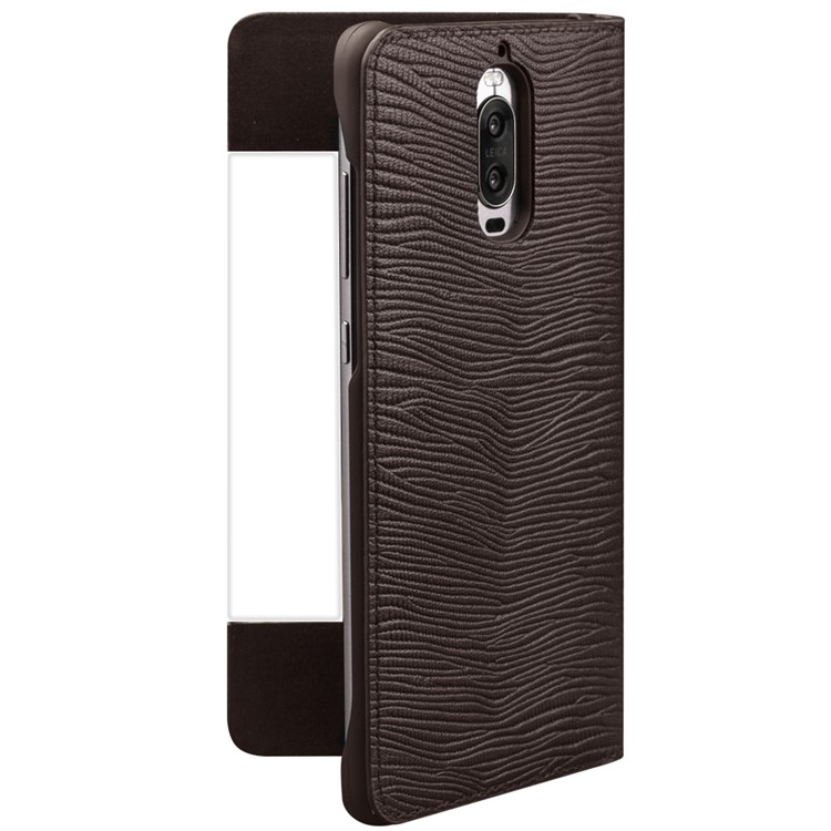 For Huawei Mate 9 Pro QIALINO Business Smart View Window Lizard Texture Cowhide Leather Cell Phone Cover - Brown-3