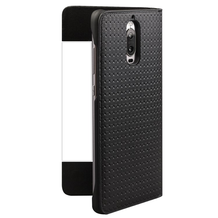 QIALINO for Huawei Mate 9 Pro Smart View Window Grid Texture Genuine Cowhide Leather Case - Black-3