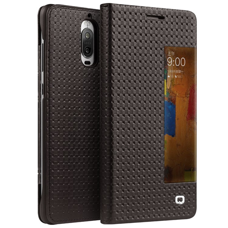 QIALINO Smart View Window Grid Texture Genuine Cowhide Leather Business Phone Cover for Huawei Mate 9 Pro - Brown-1