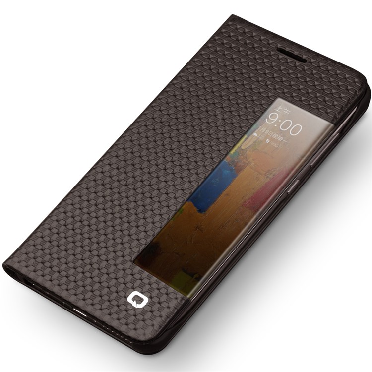 QIALINO Smart View Window Grid Texture Genuine Cowhide Leather Business Phone Cover for Huawei Mate 9 Pro - Brown-2