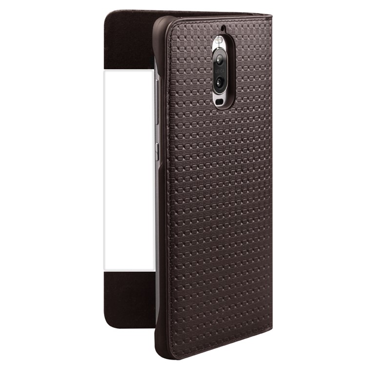 QIALINO Smart View Window Grid Texture Genuine Cowhide Leather Business Phone Cover for Huawei Mate 9 Pro - Brown-3