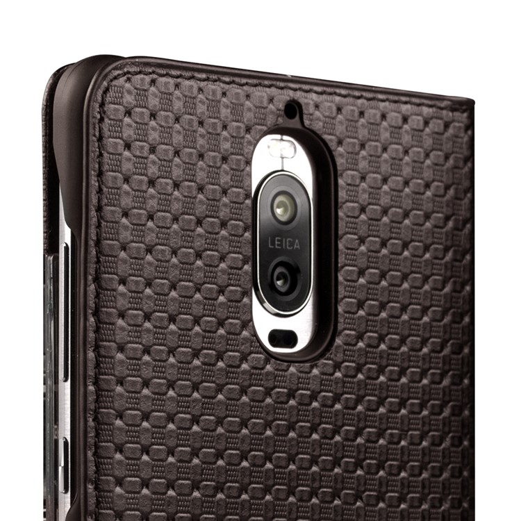 QIALINO Smart View Window Grid Texture Genuine Cowhide Leather Business Phone Cover for Huawei Mate 9 Pro - Brown-4