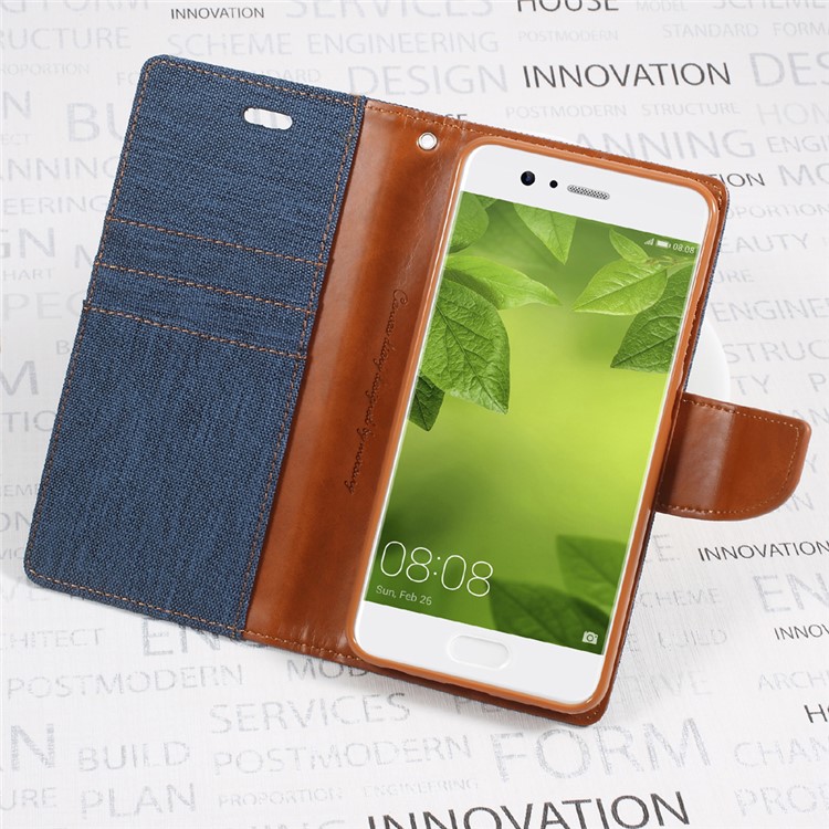 MERCURY GOOSPERY Canvas Diary Leather Case with Wallet Slots for Huawei P10 Plus - Dark Blue-6