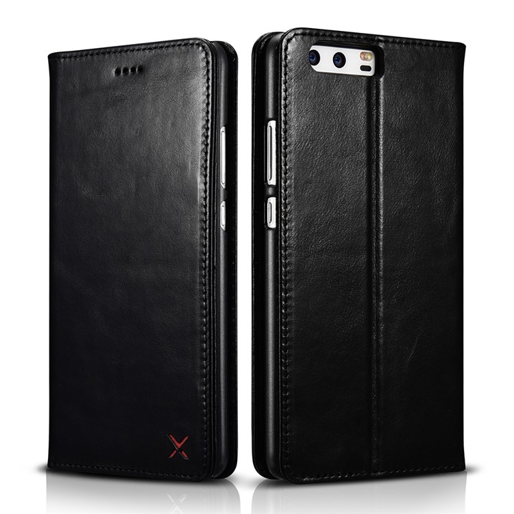 XOOMZ Auto-absorbed Genuine Leather Wallet Cell Phone Case for Huawei P10 Plus - Black-1