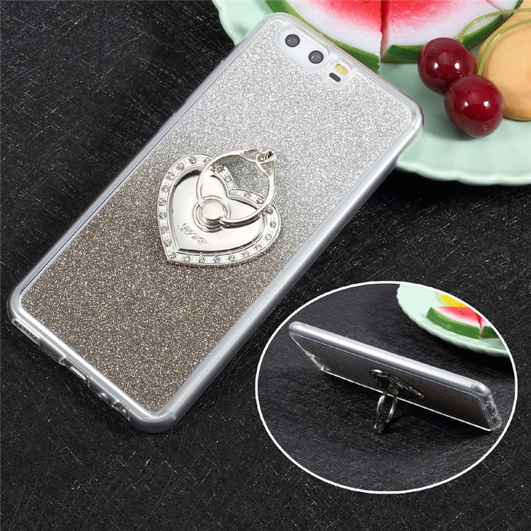 Gradient Glittery Powder TPU Ring Kickstand Mobile Casing for Huawei P10 Plus - Grey-1