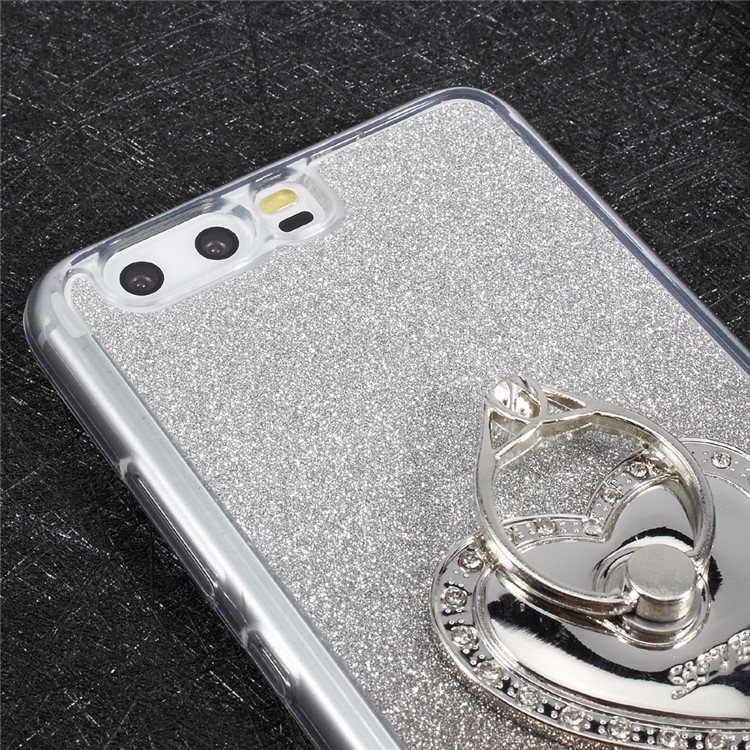 Gradient Glittery Powder TPU Ring Kickstand Mobile Casing for Huawei P10 Plus - Grey-6