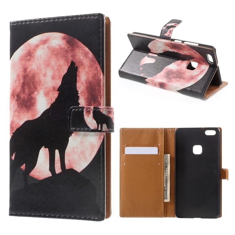 Pattern Printing Leather Wallet Case for Huawei P10 Lite - Wolf Howling at the Moon-1
