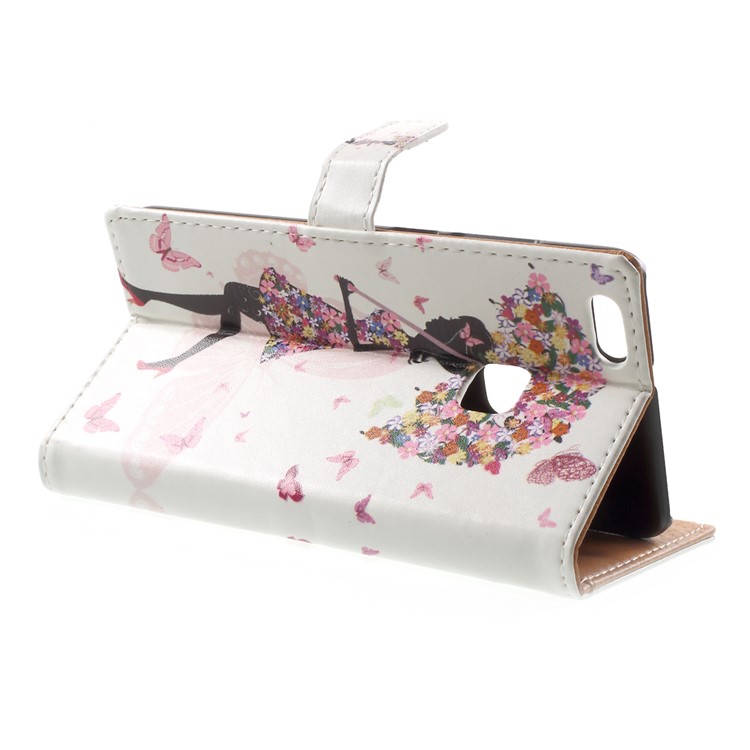 Pattern Printing Leather Wallet Case Cover for Huawei P10 Lite - Flowered Girl Holding Umbrella-4