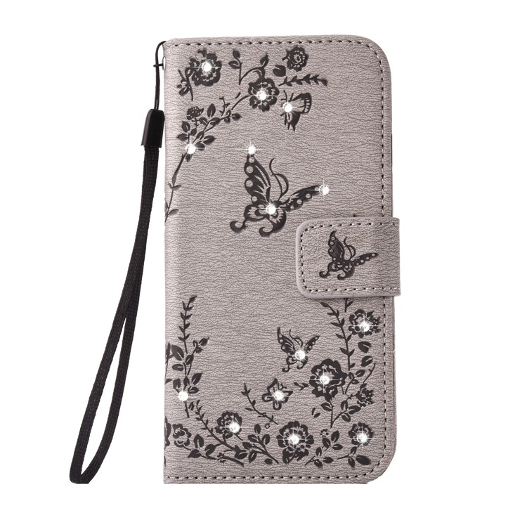 Imprinted Butterfly Flowers Rhinestone Leather Wallet Case for Huawei P8 Lite (2017) / Honor 8 Lite - Grey-1