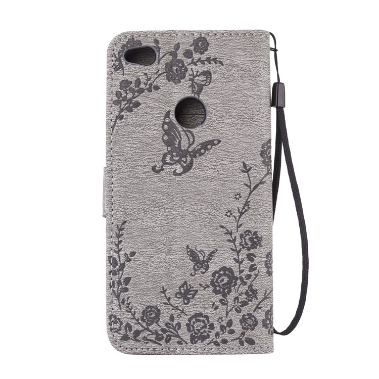 Imprinted Butterfly Flowers Rhinestone Leather Wallet Case for Huawei P8 Lite (2017) / Honor 8 Lite - Grey-2
