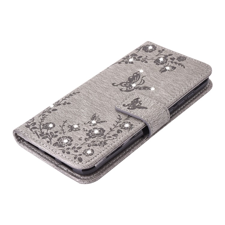 Imprinted Butterfly Flowers Rhinestone Leather Wallet Case for Huawei P8 Lite (2017) / Honor 8 Lite - Grey-3
