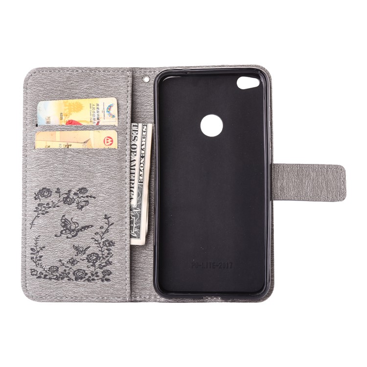 Imprinted Butterfly Flowers Rhinestone Leather Wallet Case for Huawei P8 Lite (2017) / Honor 8 Lite - Grey-5