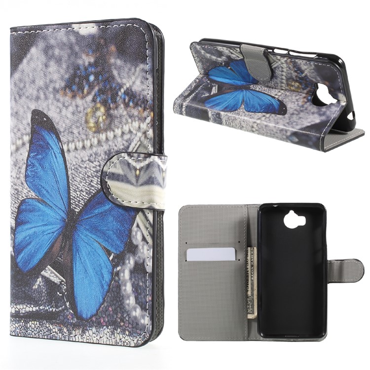 Patterned Leather Wallet Stand Mobile Phone Case for Huawei Y5 (2017) / Y6 (2017) - Blue Butterfly-1