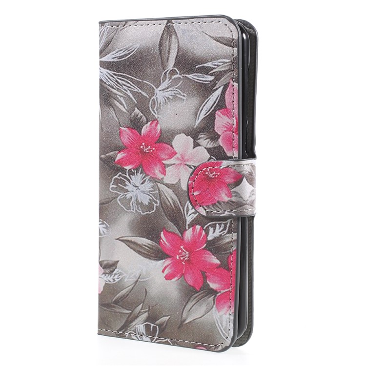 Magnetic Leather Flip Patterned Wallet Stand Cover for Huawei Y5 (2017) / Y6 (2017) - Red Blooming Flowers-1