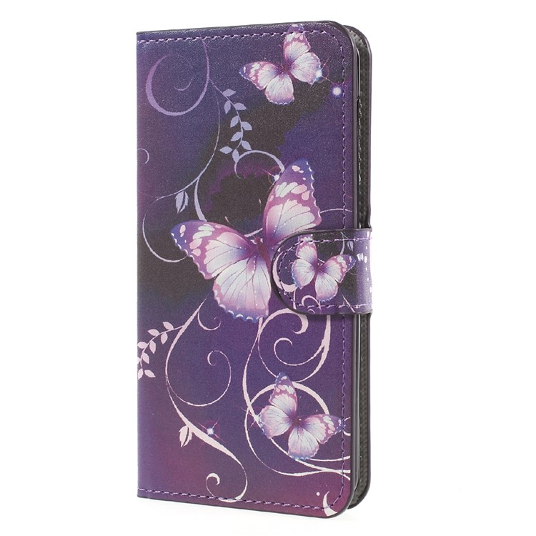 Patterned Leather Wallet Cell Phone Case with Stand for Huawei Y5 (2017) / Y6 (2017) - Purple Butterflies-1