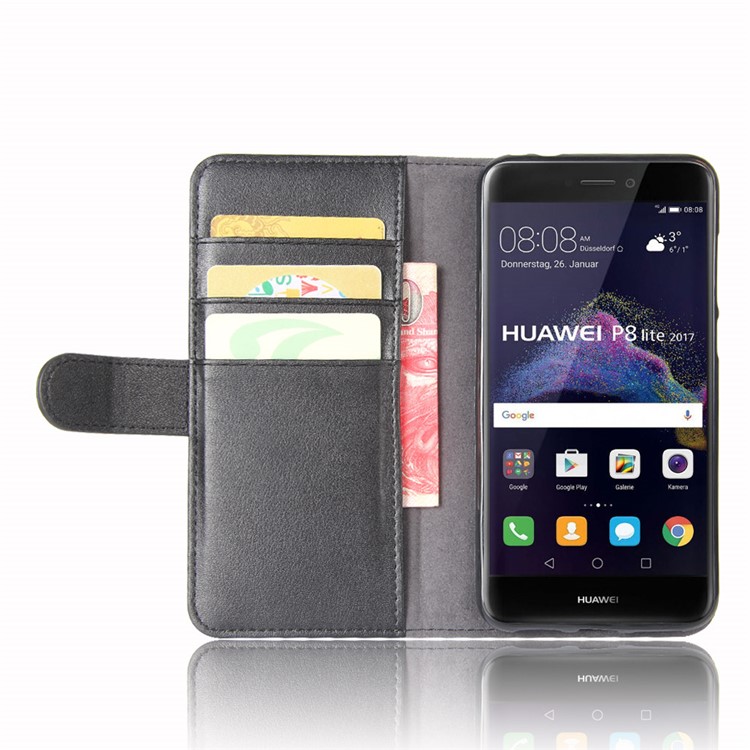 Genuine Split Leather Card Holder Stand Phone Cover for Huawei P8 Lite (2017) / Honor 8 Lite - Black-5