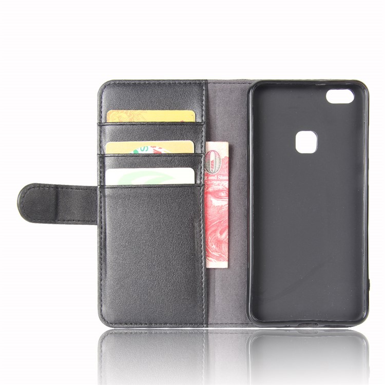 Genuine Split Leather Wallet Stand Case Cover for Huawei P10 Lite - Black-4