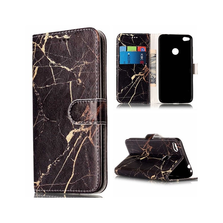 Pattern Printing Wallet Leather Stand Cell Phone Cover for Huawei P8 Lite (2017) / Honor 8 Lite - Black Marble Pattern-1