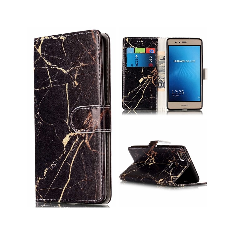 Pattern Printing PU Leather Wallet Stand Cell Phone Case for Huawei P9 Lite / G9 Lite - Black Marble Pattern-1