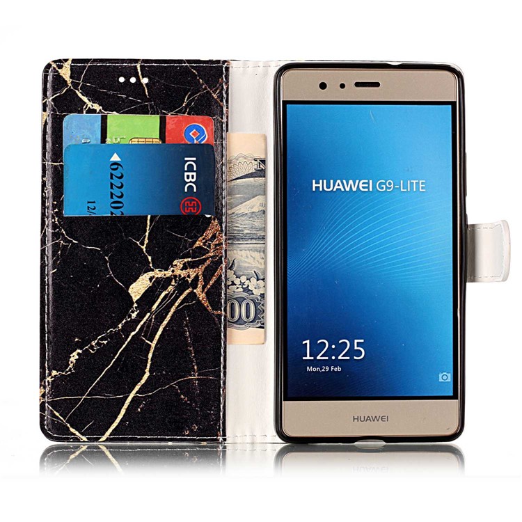 Pattern Printing PU Leather Wallet Stand Cell Phone Case for Huawei P9 Lite / G9 Lite - Black Marble Pattern-4