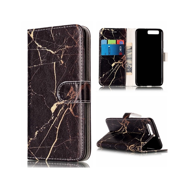 Pattern Printing Wallet Stand Leather Phone Case for Huawei P10 - Black Marble Pattern-1